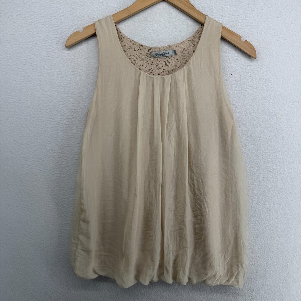 ELENA BALDI Tank Top S Silk Chiffon Lace Lined Open Back Blouse Beige Italy